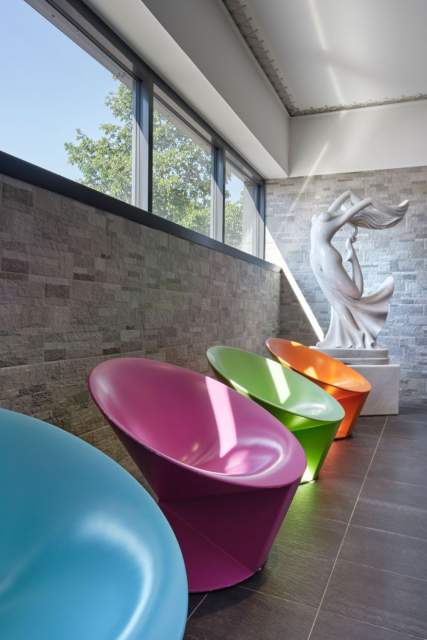 Colorful pool seating at Athena Spa in Strasbourg